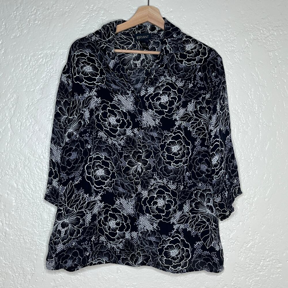 Lane Bryant‎ Silk Floral Shirt Career Classic Women Black White 14/16